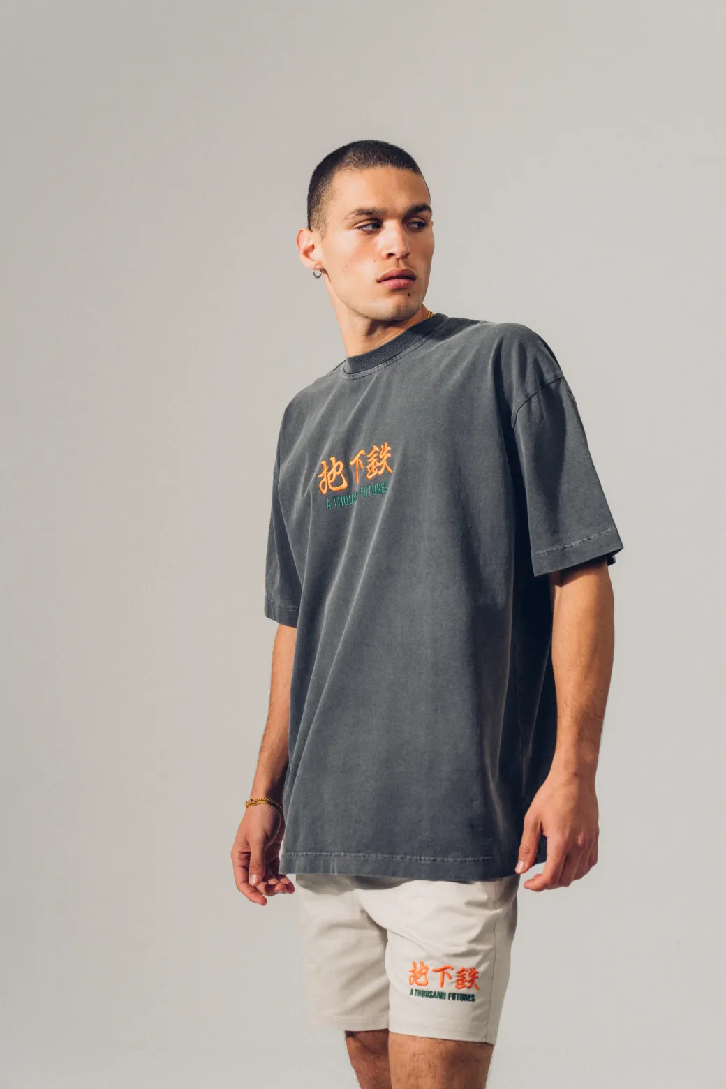 A Thousand Futures 'Logo' Embroidered Vintage Washed Tee - Charcoal