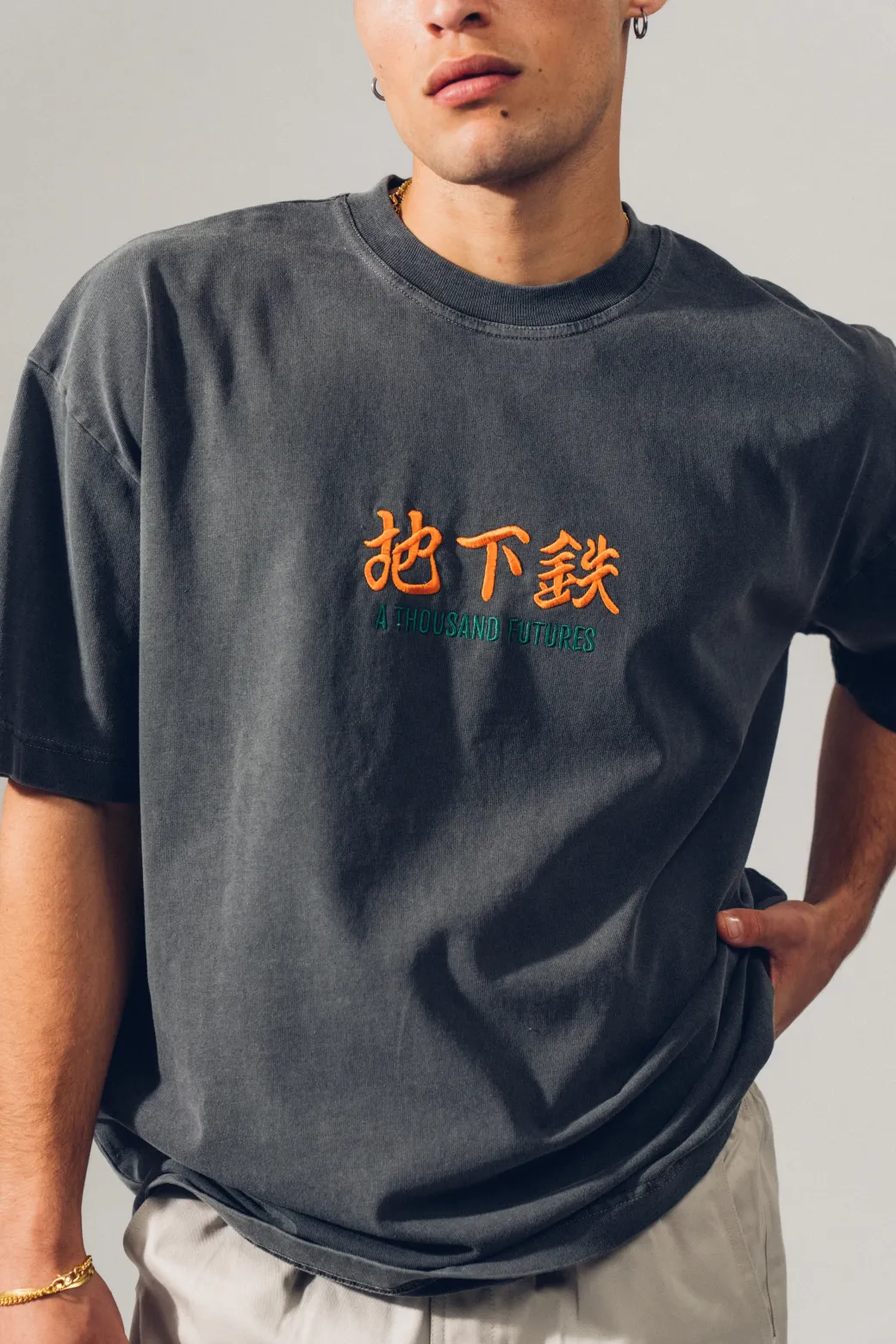 A Thousand Futures 'Logo' Embroidered Vintage Washed Tee - Charcoal