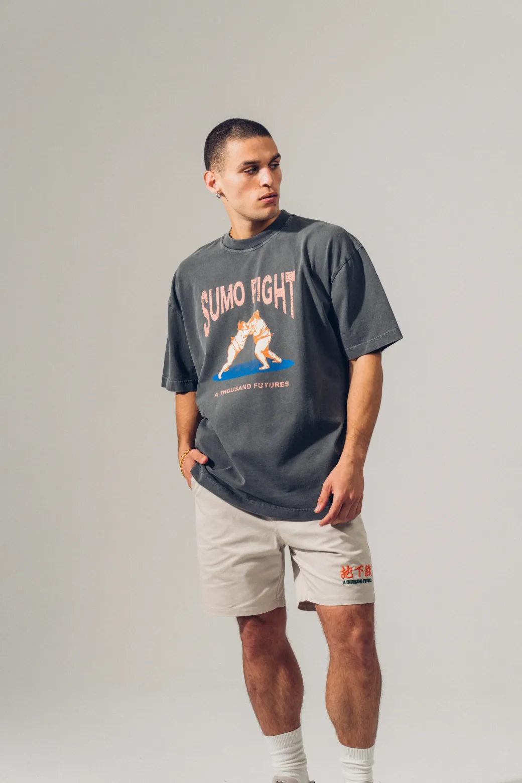 A Thousand Futures 'Sumo Fight' Vintage Washed Tee - Charcoal