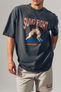 A Thousand Futures 'Sumo Fight' Vintage Washed Tee - Charcoal