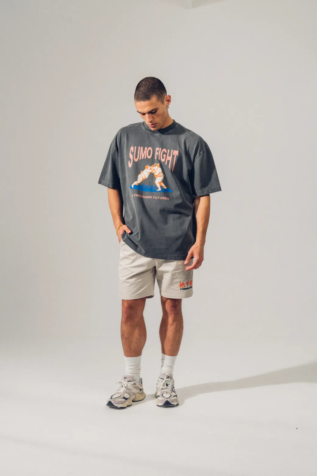 A Thousand Futures 'Sumo Fight' Vintage Washed Tee - Charcoal
