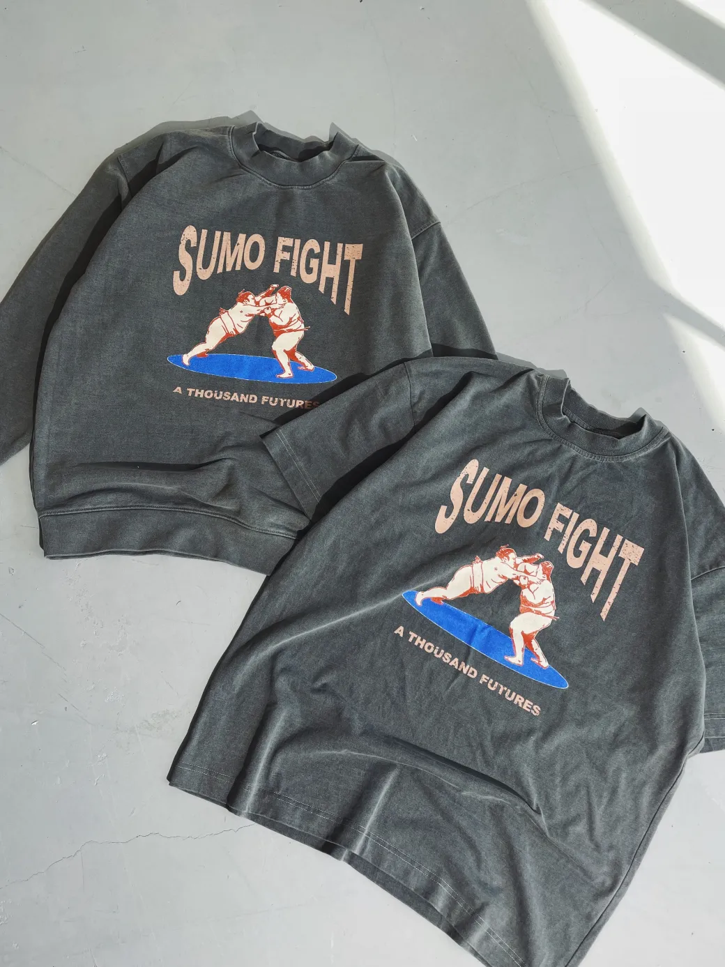 A Thousand Futures 'Sumo Fight' Vintage Washed Tee - Charcoal