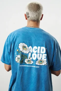 Acid Love 'Daisy' Vintage Washed Tee - Ocean Blue