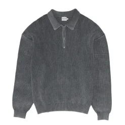 bound Acid Wash Half Zip Knit Pullover - Charcoal