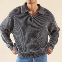 bound Acid Wash Half Zip Knit Pullover - Charcoal