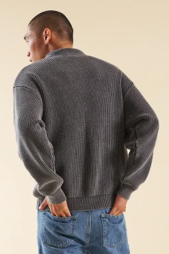 bound Acid Wash Half Zip Knit Pullover - Charcoal