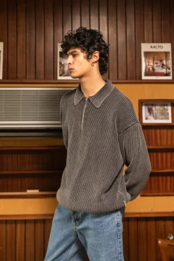 bound Acid Wash Half Zip Knit Pullover - Charcoal