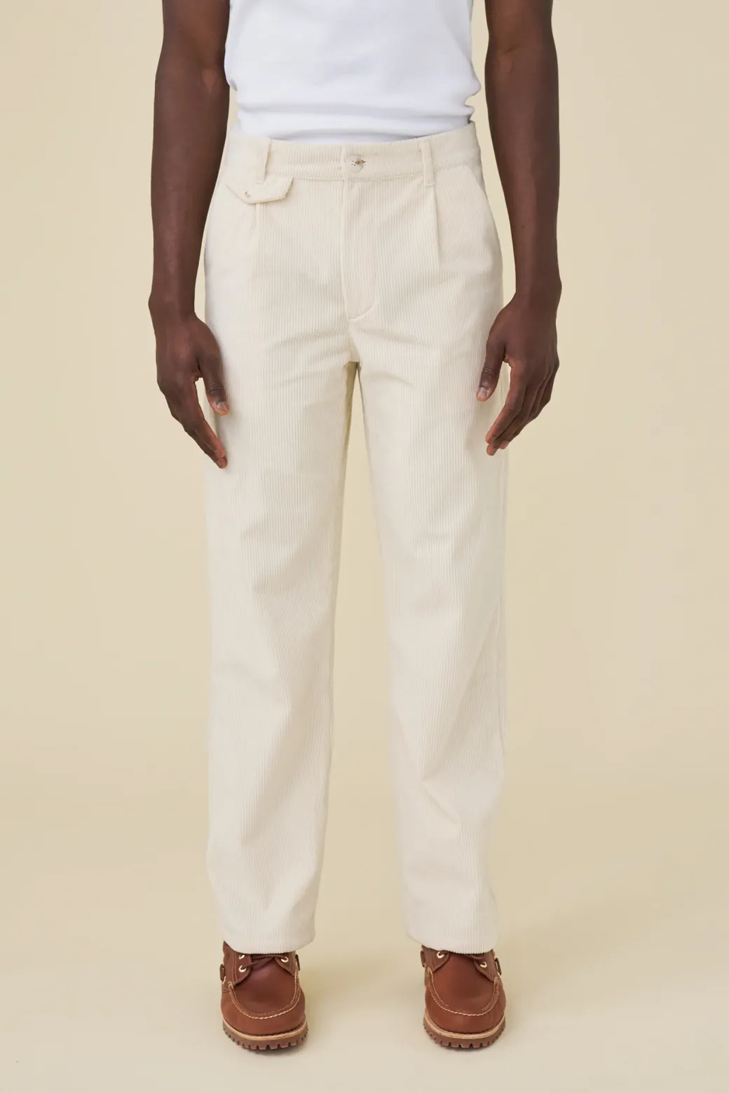 bound Wide Leg Corduroy Trousers - Light Cream