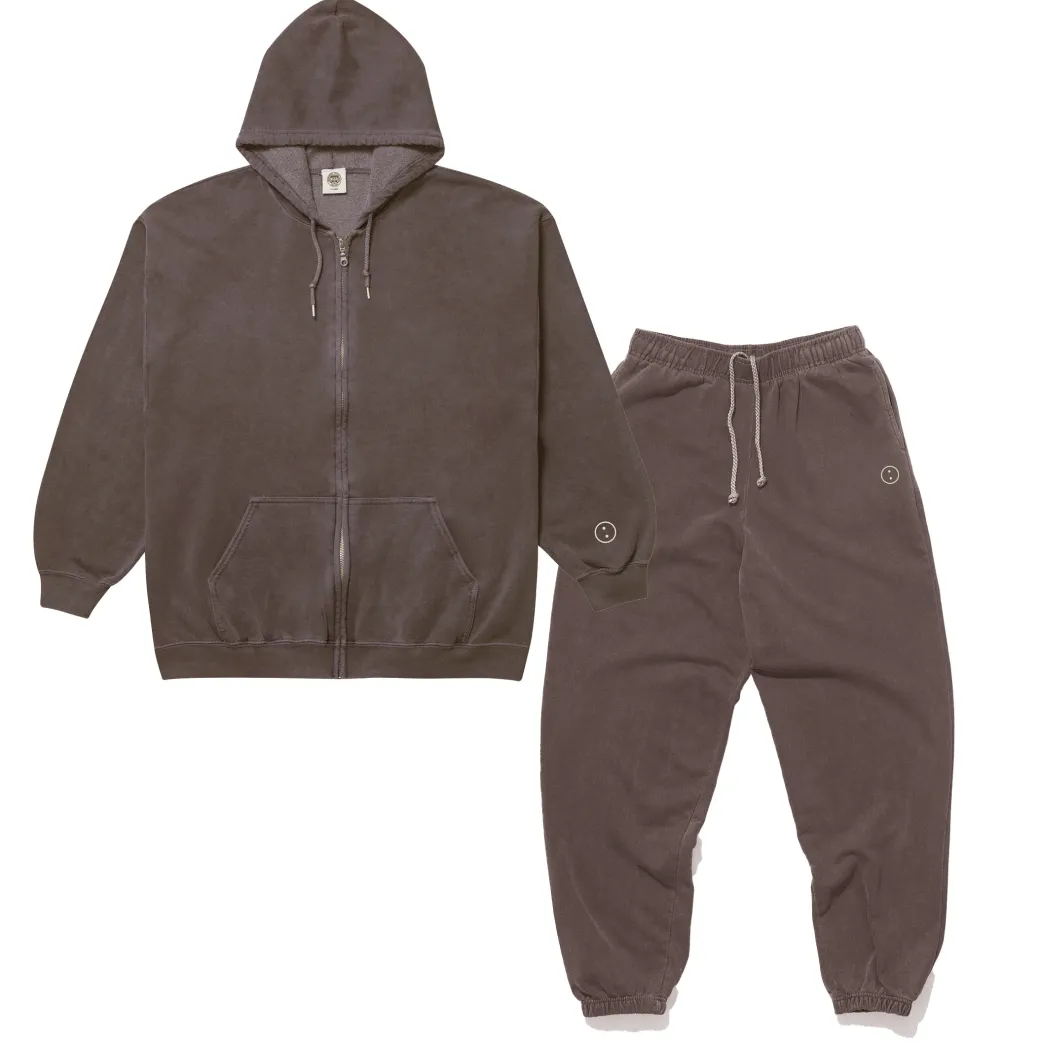 Essentials Vintage Washed Zip-Up Hoodie & Jogger Set - Cocoa