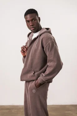 Essentials Vintage Washed Zip-Up Hoodie & Jogger Set - Cocoa