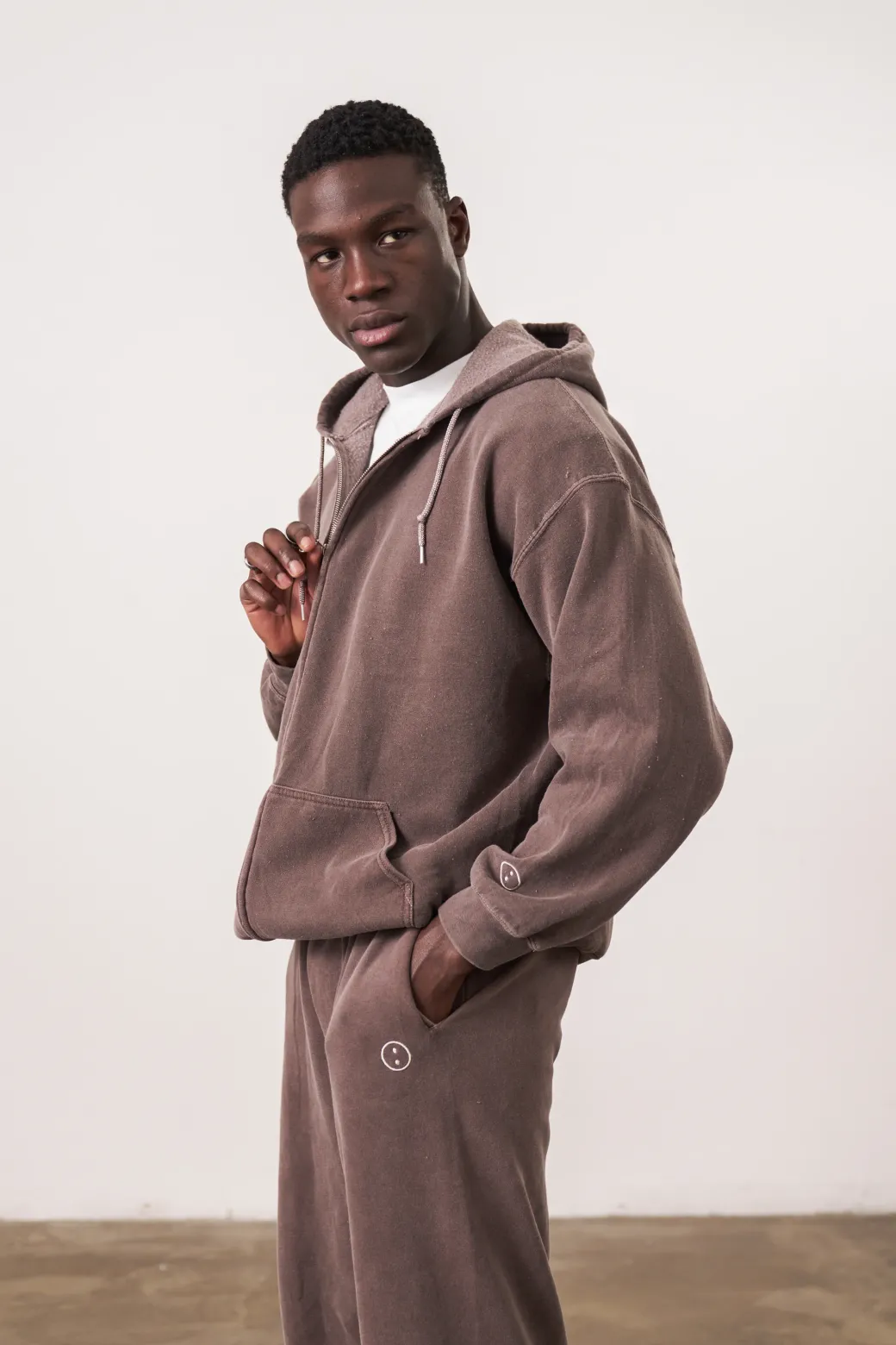 Essentials Vintage Washed Zip-Up Hoodie & Jogger Set - Cocoa