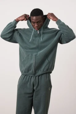 Essentials Vintage Washed Zip-Up Hoodie & Jogger Set - Forest