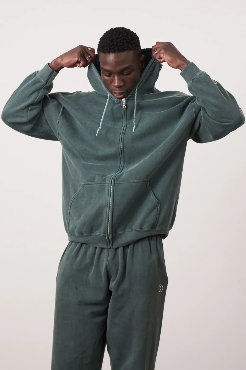 Essentials Vintage Washed Zip-Up Hoodie & Jogger Set - Forest