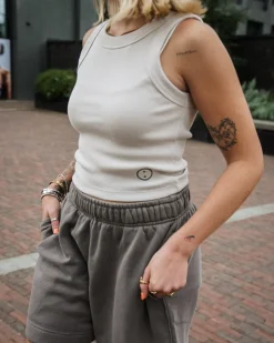 Essentials WMNS Embroidered Crop Rib Tank - Bone