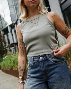 Essentials WMNS Embroidered Crop Rib Tank - Eucalyptus