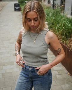 Essentials WMNS Embroidered Crop Rib Tank - Eucalyptus