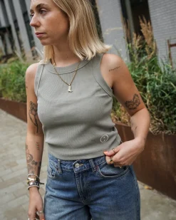 Essentials WMNS Embroidered Crop Rib Tank - Eucalyptus