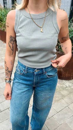 Essentials WMNS Embroidered Crop Rib Tank - Eucalyptus