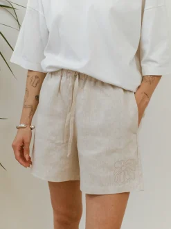 FLWRS Embroidered Linen Shorts - Natural