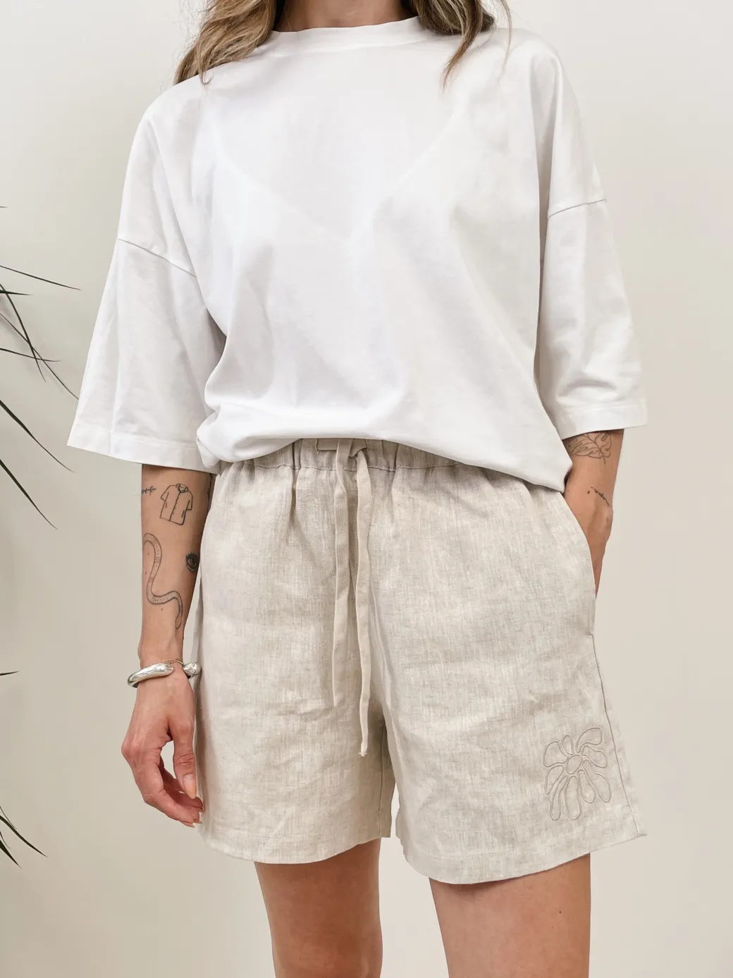 FLWRS Embroidered Linen Shorts - Natural