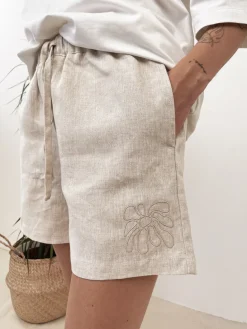 FLWRS Embroidered Linen Shorts - Natural