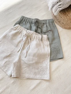 FLWRS Embroidered Linen Shorts - Natural
