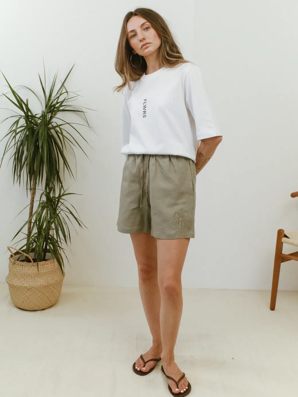 FLWRS Embroidered Linen Shorts - Sage