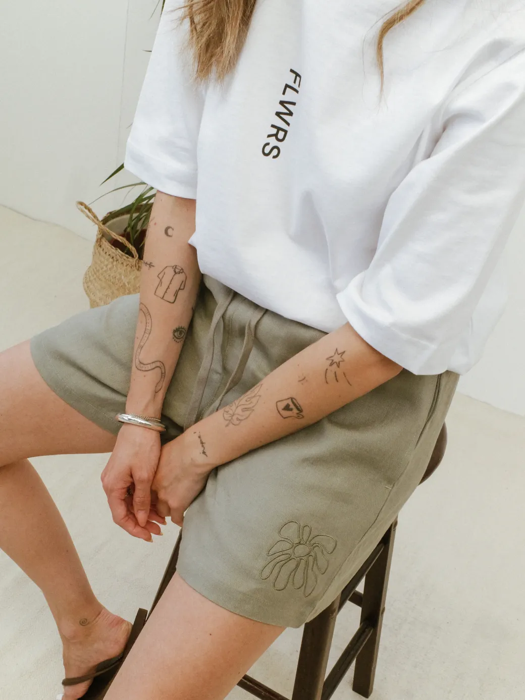 FLWRS Embroidered Linen Shorts - Sage