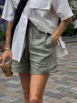 FLWRS Embroidered Linen Shorts - Sage