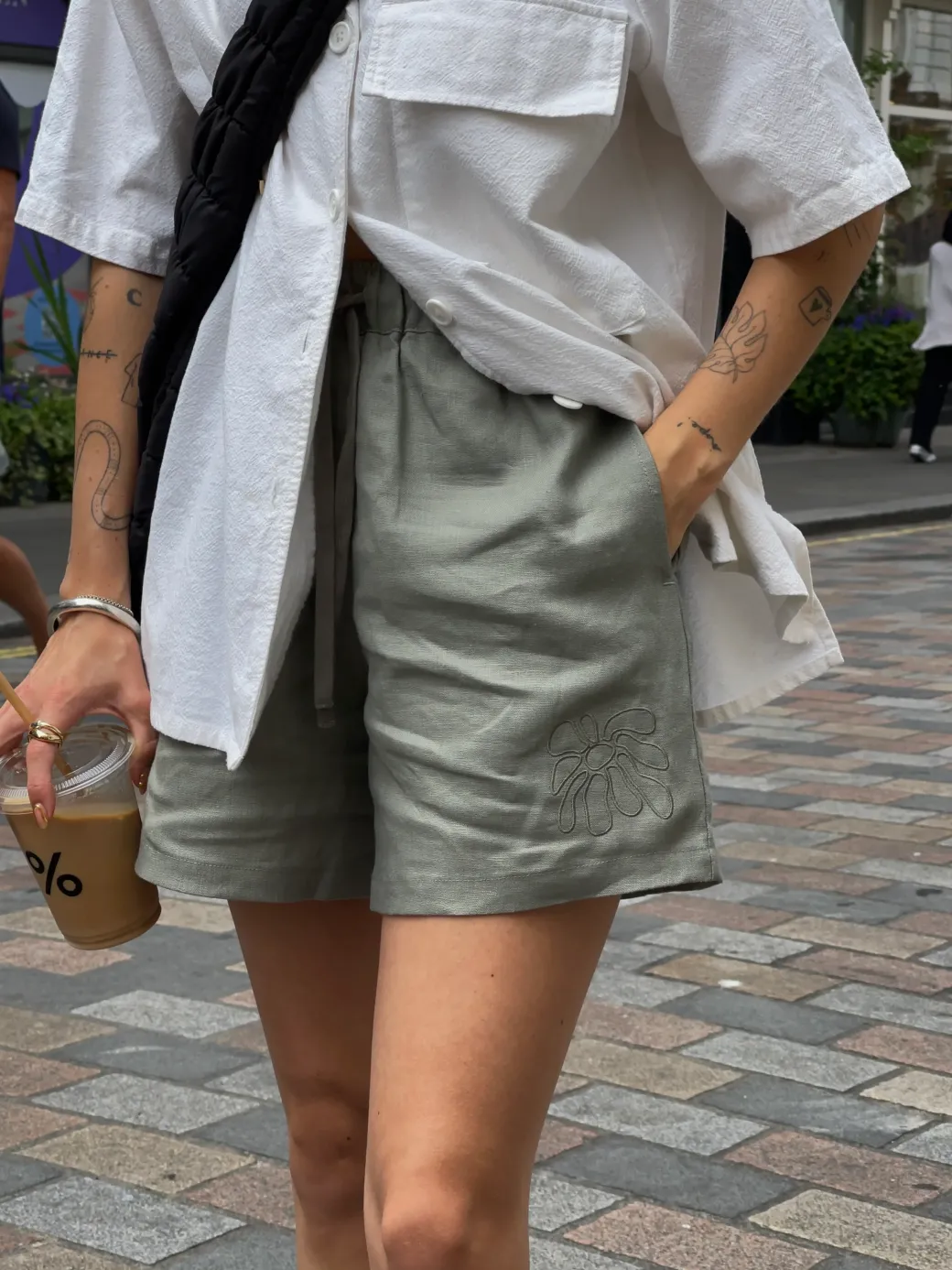 FLWRS Embroidered Linen Shorts - Sage
