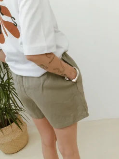 FLWRS Embroidered Linen Shorts - Sage