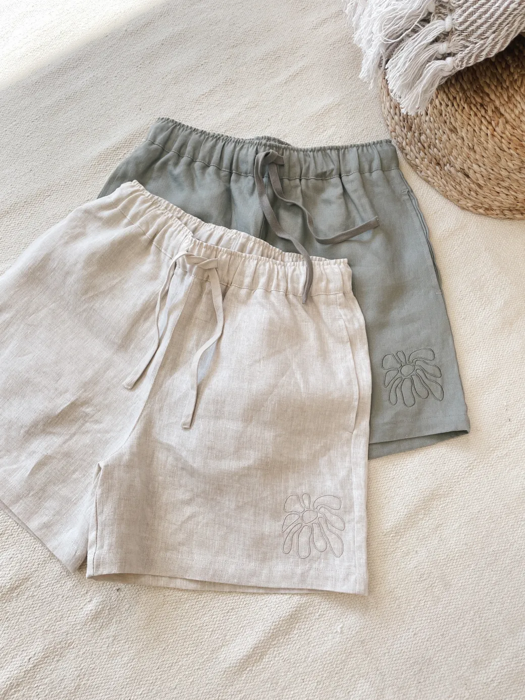 FLWRS Embroidered Linen Shorts - Sage