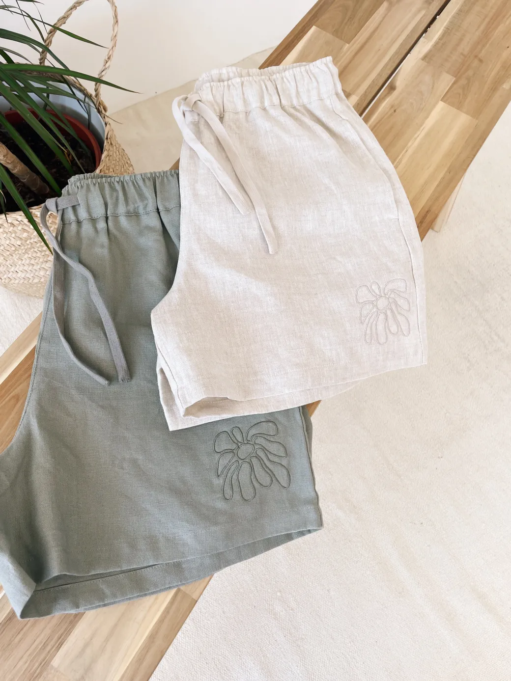 FLWRS Embroidered Linen Shorts - Sage