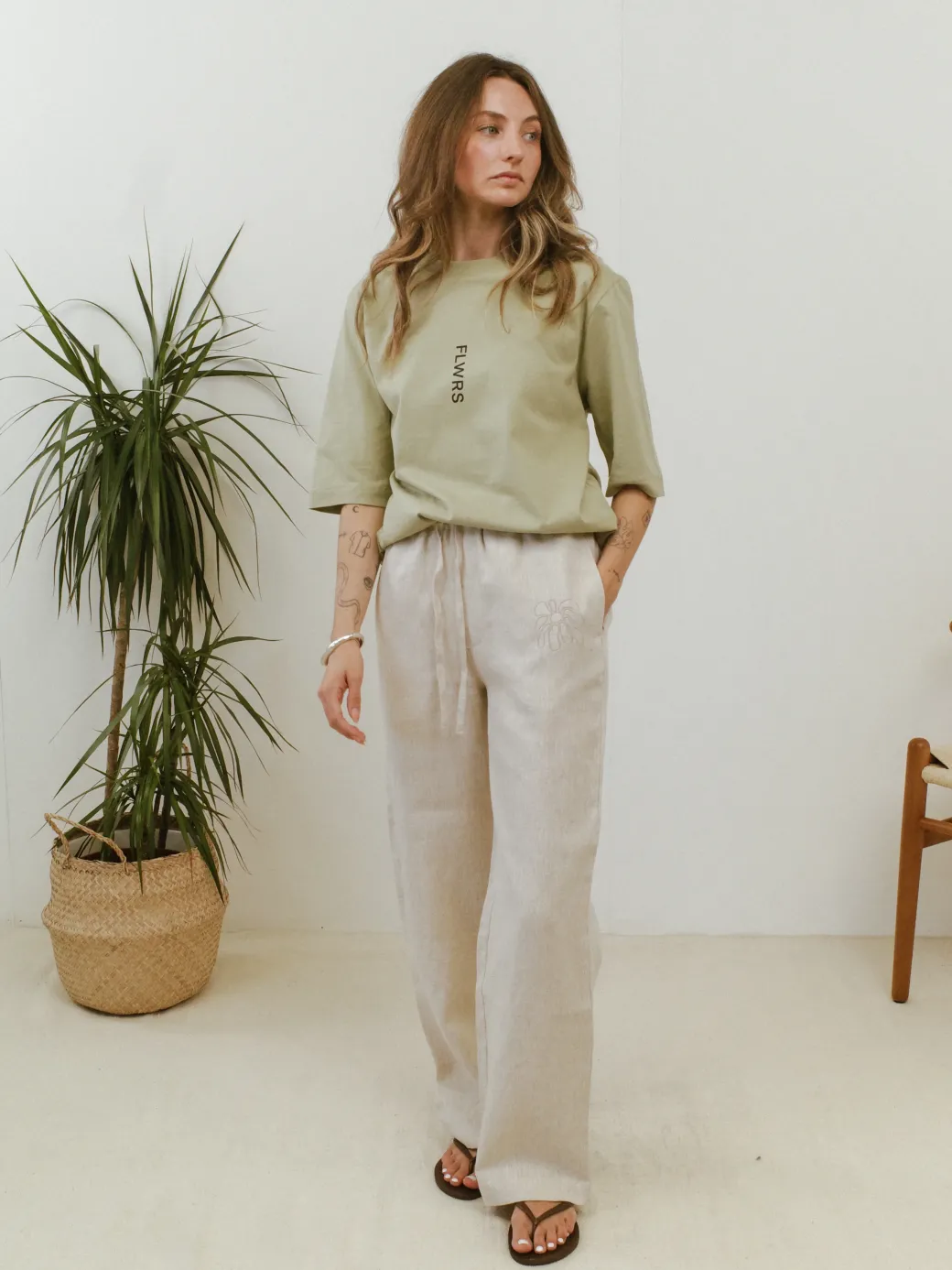 FLWRS Embroidered Linen Trousers - Natural