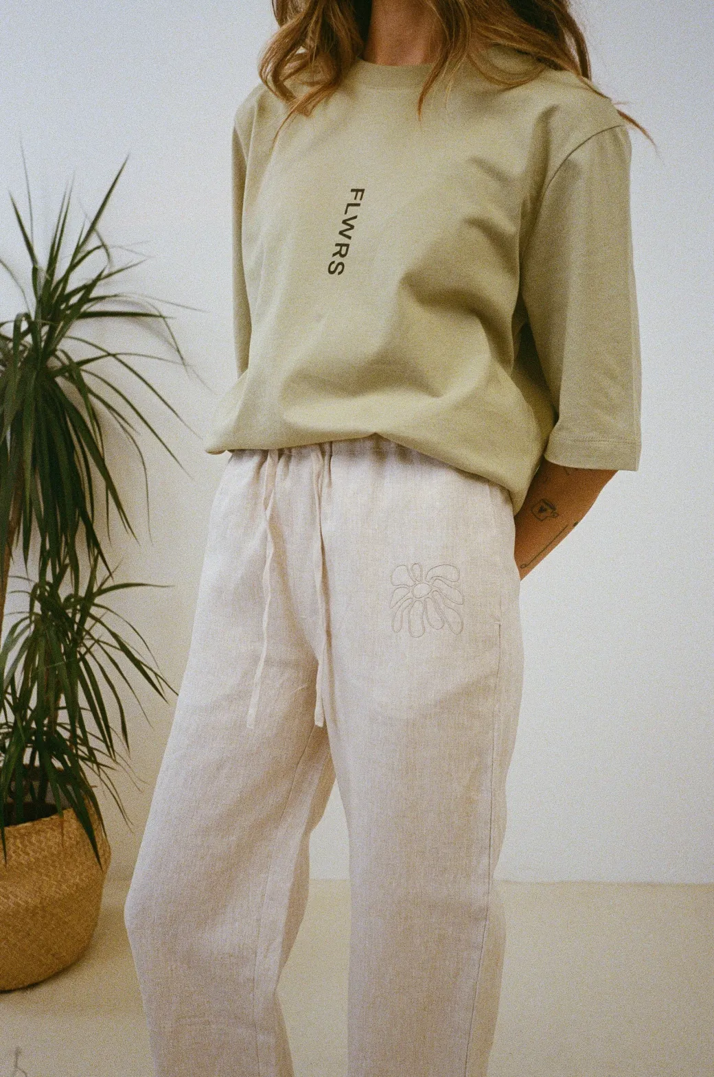 FLWRS Embroidered Linen Trousers - Natural