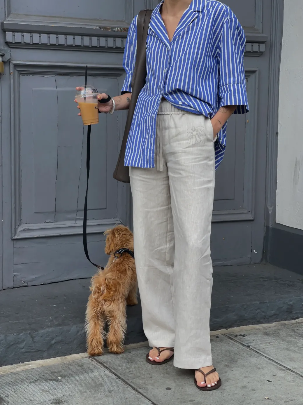 FLWRS Embroidered Linen Trousers - Natural