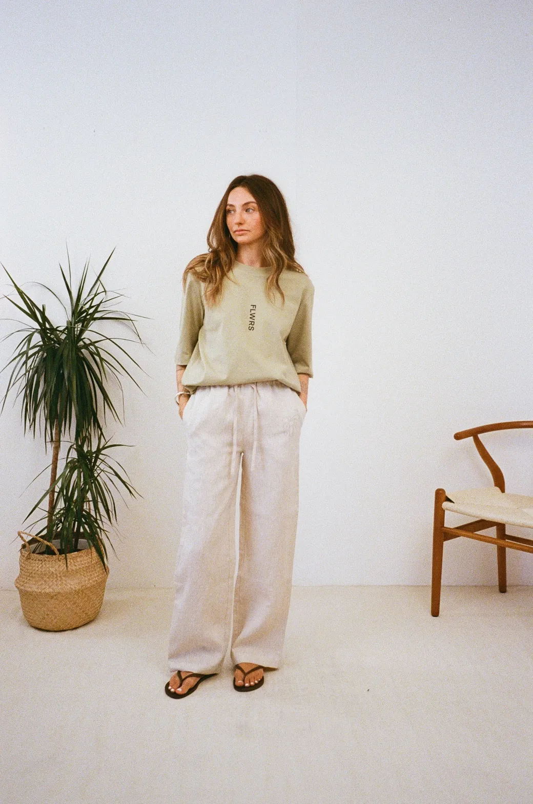 FLWRS Embroidered Linen Trousers - Natural