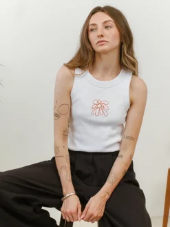FLWRS Organic Embroidered Rib Tank - White