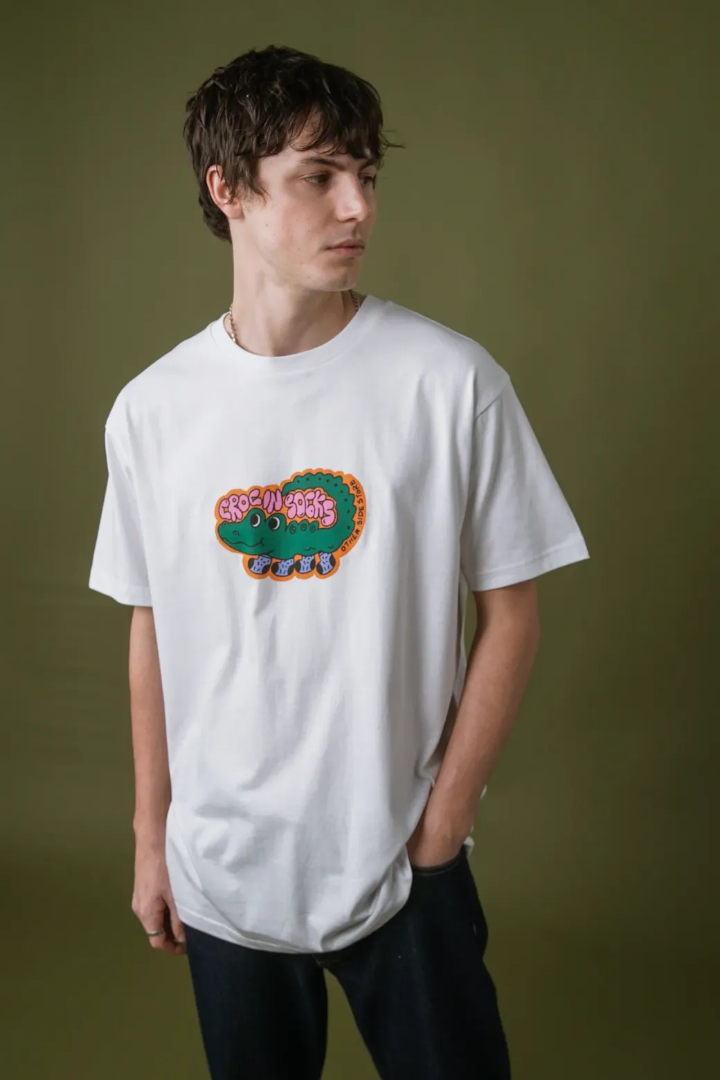 Other Side Store 'Croc In Socks' Tee - White