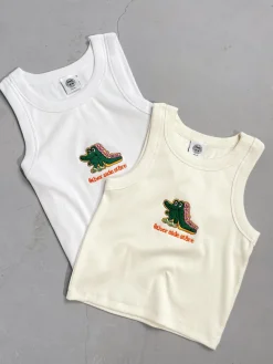 Other Side Store WMNS 'Crocs' Embroidered Crop Rib Tank - Ecru