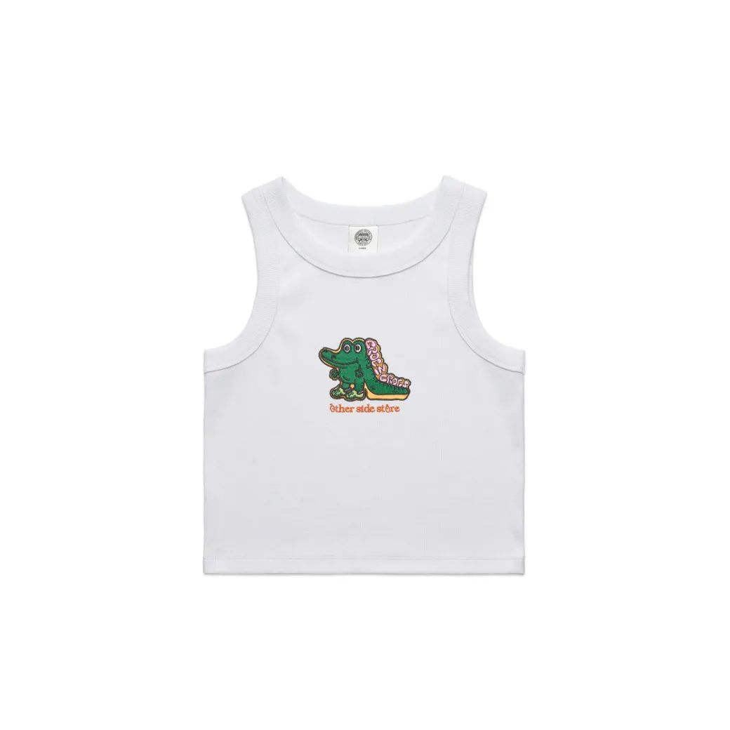 Other Side Store WMNS 'Crocs' Embroidered Crop Rib Tank - White