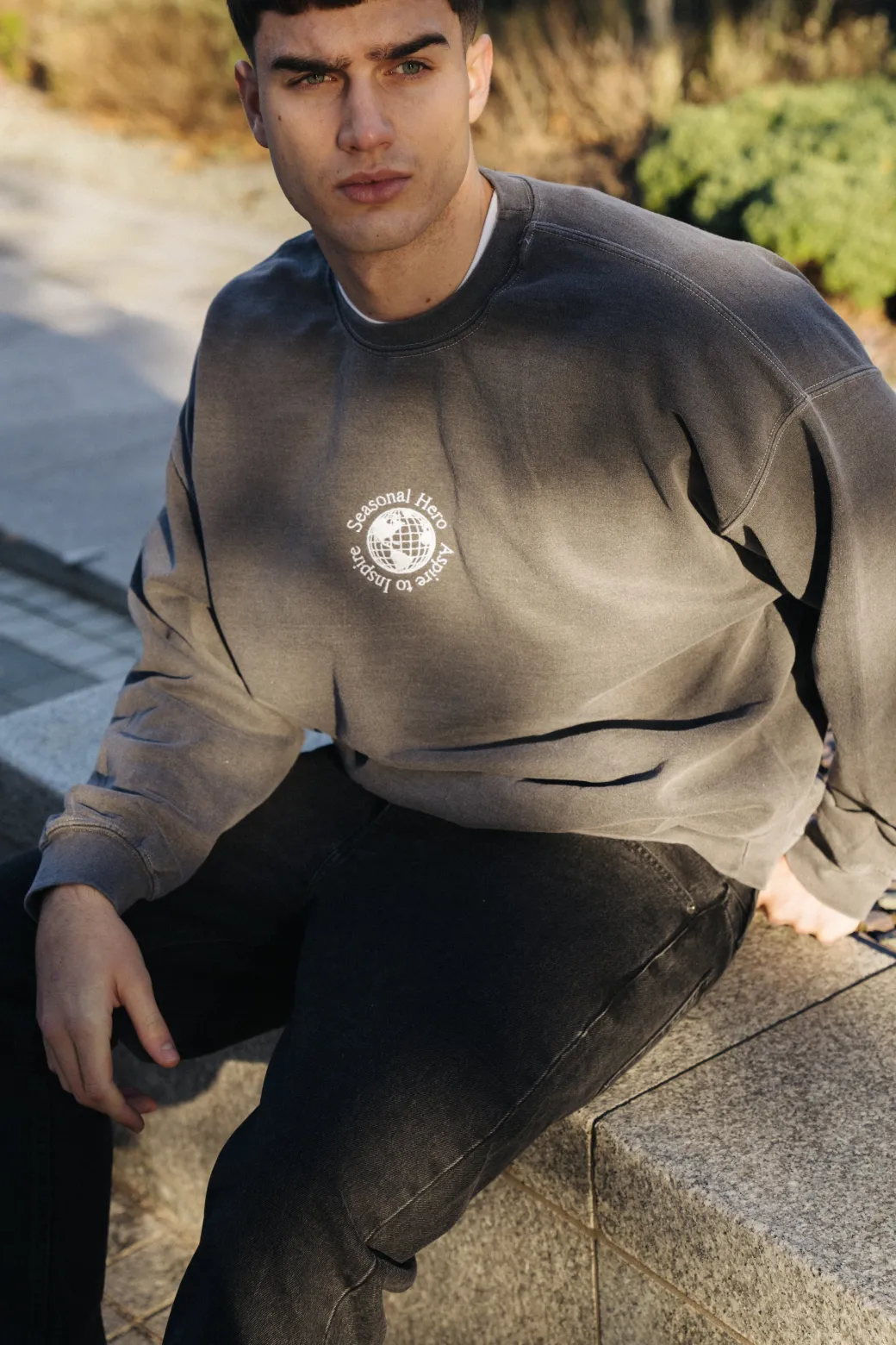 Seasonal Hero 'Aspire' Embroidered Vintage Washed Sweater - Charcoal