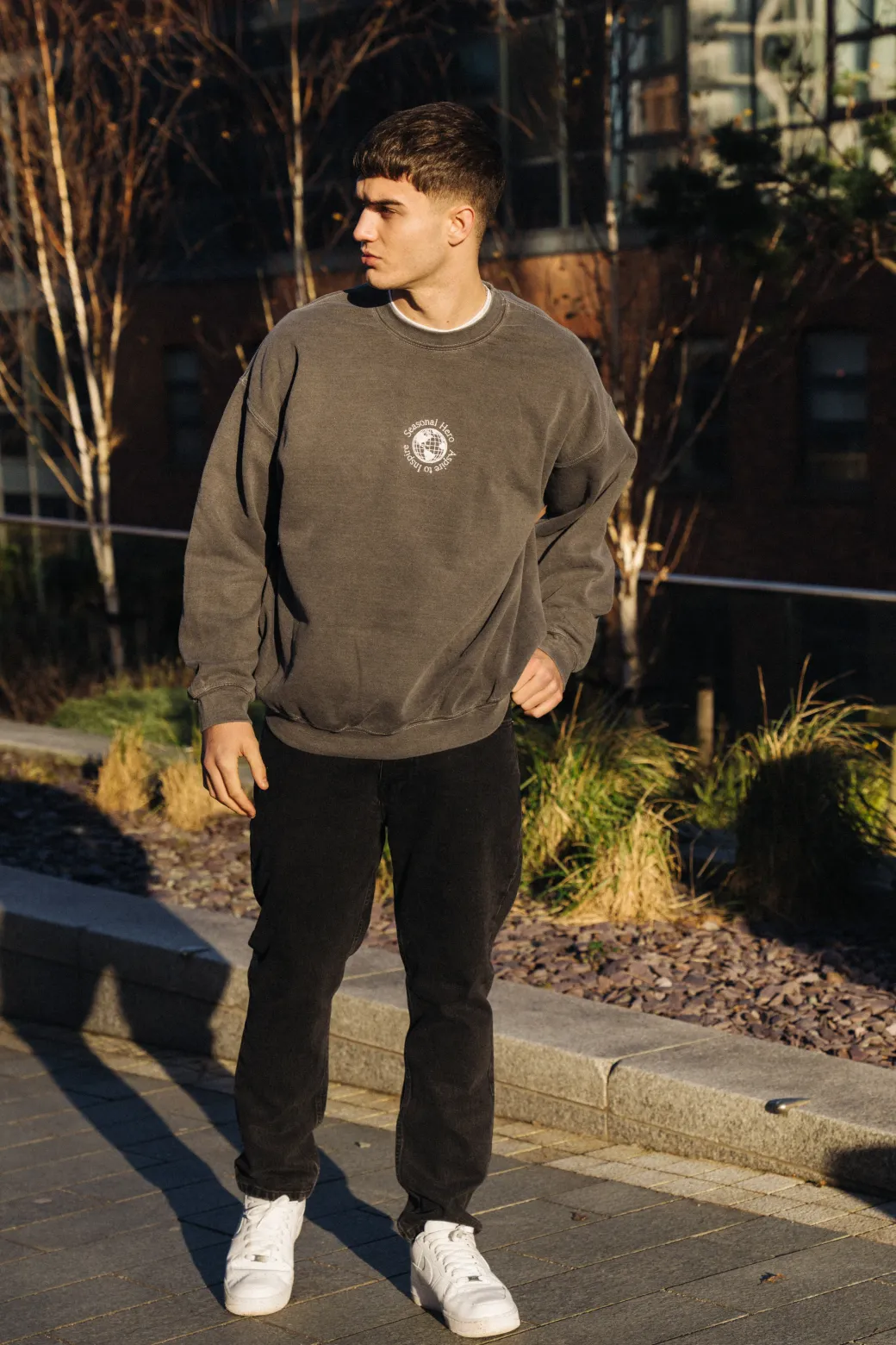 Seasonal Hero 'Aspire' Embroidered Vintage Washed Sweater - Charcoal