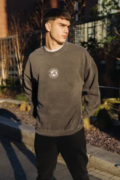 Seasonal Hero 'Aspire' Embroidered Vintage Washed Sweater - Charcoal