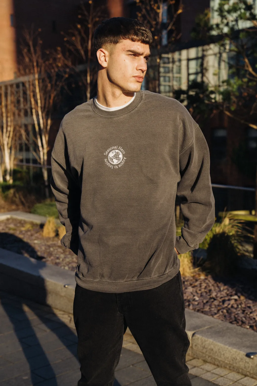 Seasonal Hero 'Aspire' Embroidered Vintage Washed Sweater - Charcoal