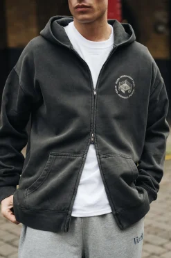 Vice 84 'Hard Yards' Faded Zip Up Hoodie - Black