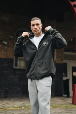 Vice 84 'Hard Yards' Faded Zip Up Hoodie - Black